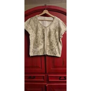 Chico's Size 2 Women's 8 Beaded Cardigan Sweater Foil Print Ivory Gold EUC